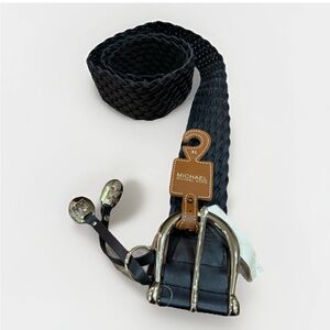 Michael Kors Black Braided Leather Belt XL Silver Buckle MK Charm NWT